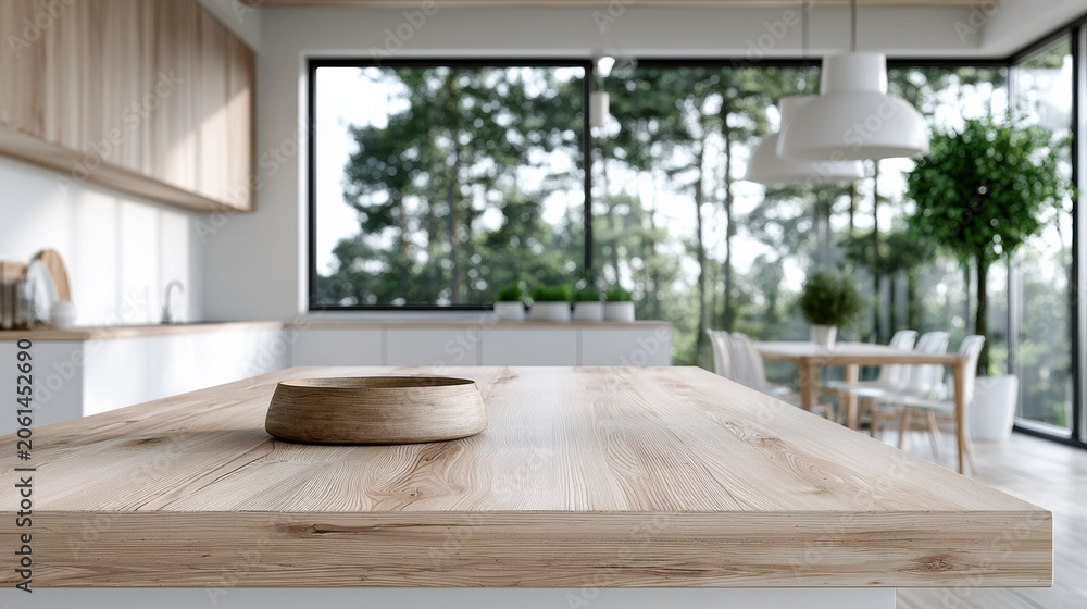 Fototapeta premium Modern bright clean kitchen wood countertop minimalist style large window natural light green view
