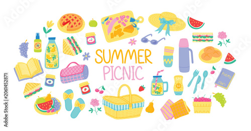 Big summer picnic collection including food and various picnic accessories. Leisure time outdoors. Flat style vector illustrations set isolated on white background