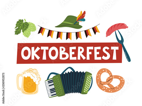 Oktoberfest horizontal banner with traditional food, objects and symbols of festival. Flat style vector illustration isolated on white background