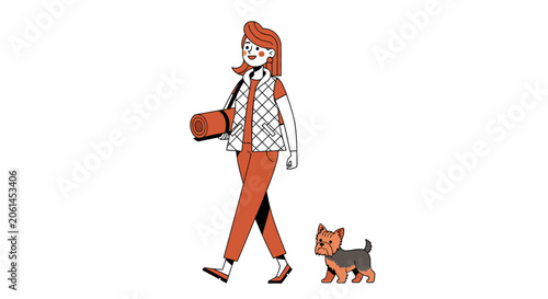 Woman walking her small dog on a leash outdoors.