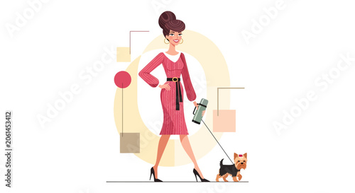Elegant woman in red dress walking her small dog.