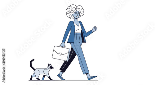 Businesswoman walking with cat and briefcase.