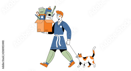 Person walking a cat while carrying a box of books.