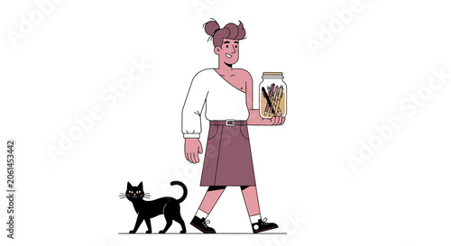 Cartoon man holding beer with black cat nearby.