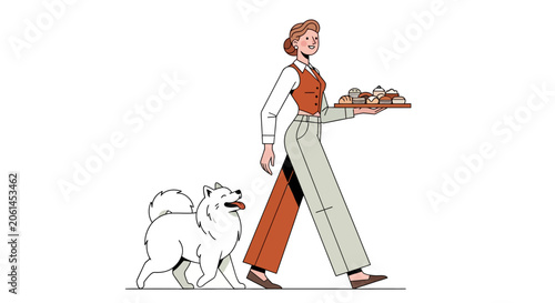 Woman walking dog while carrying tray of food.