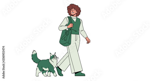 Woman walking two dogs on a leash outdoors.