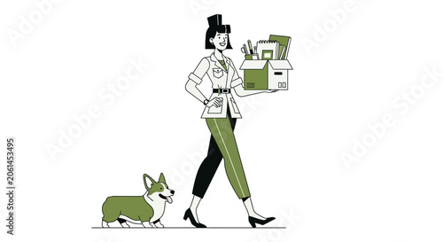 Woman walking her corgi dog while carrying packages.