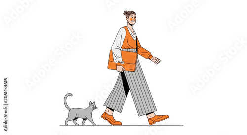 Woman walking with her cat on a leash outdoors.