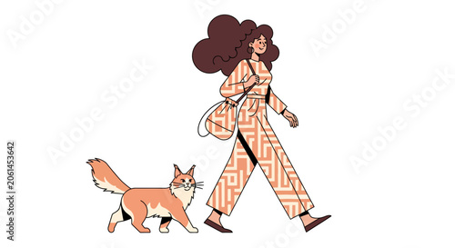 Woman walking her pet fox on a leash outdoors.