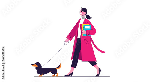 Woman in pink coat walking a dachshund dog on leash.