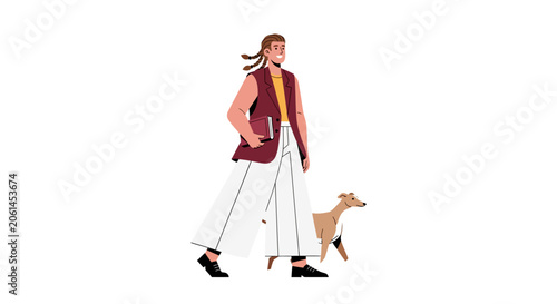 Woman walking small dog with crutches illustration.