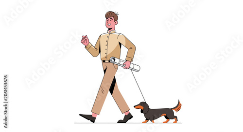 Man walking a dachshund dog on a leash.