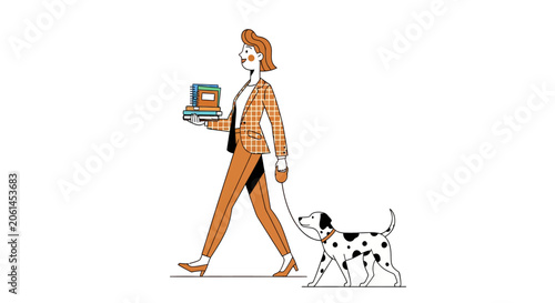 Woman walking her dalmatian while holding a laptop.