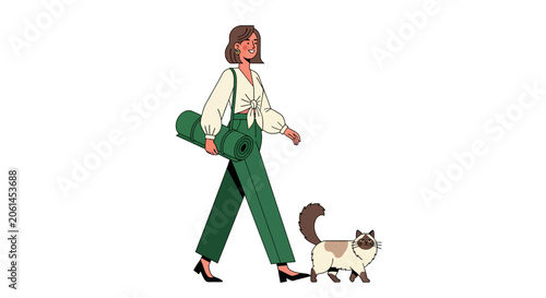 Woman walking her pug dog outdoors in city.