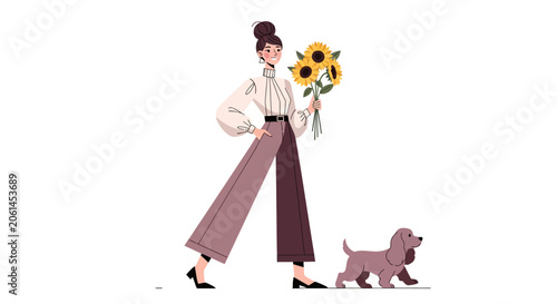 Woman walking dog while holding sunflowers.