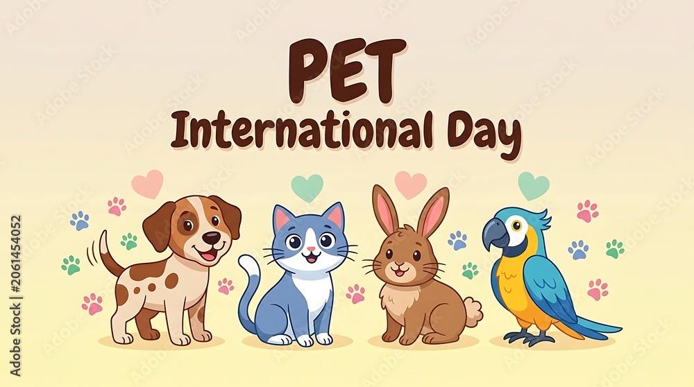 Naklejka premium Cute cartoon animals celebrating international pet day with paw prints and hearts illustration