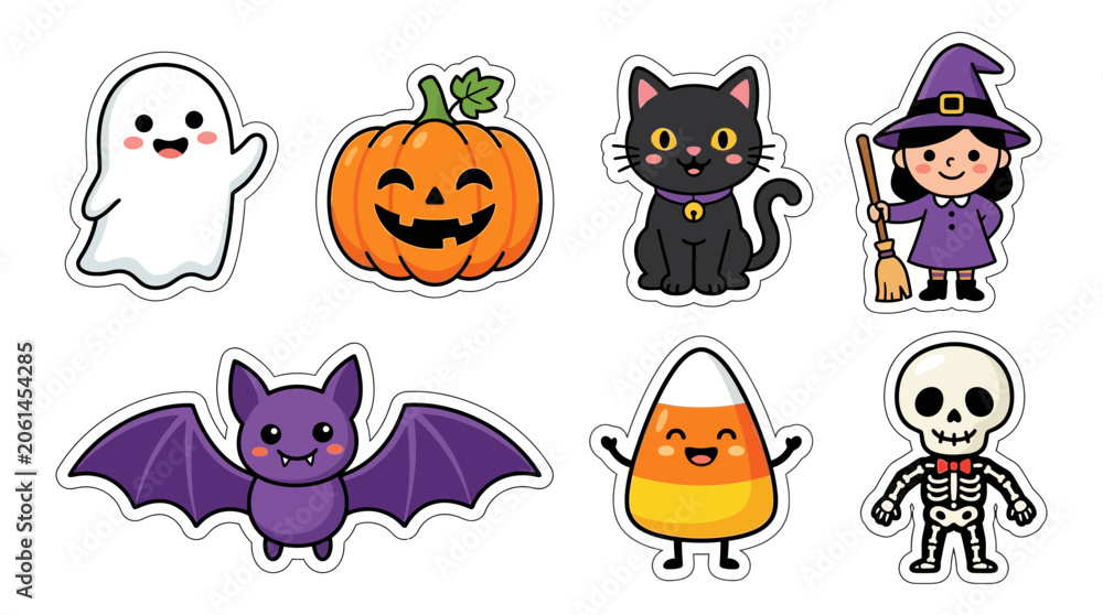 Fototapeta premium Cute Halloween Characters Collection Ghost Pumpkin Black Cat Witch Bat Candy Corn Skeleton