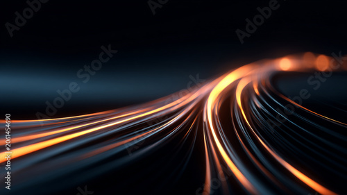 abstract flowing light lines representing data transfer, smooth curves, glowing edges, dark background