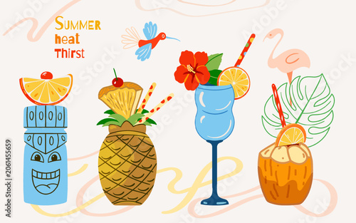 
Tropical summer cocktails illustration with tiki mug, pineapple drink, blue cocktail with hibiscus, and coconut cup, surrounded by hummingbird and flamingovector design for menus, posters, packaging