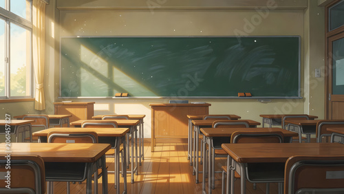 A serene empty classroom with sunlight streaming through the windows, soft animation illustration