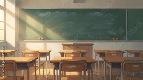 A serene empty classroom with sunlight streaming through the windows, soft animation illustration
