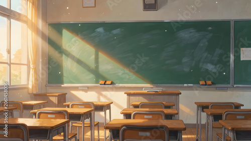 A serene empty classroom with sunlight streaming through the windows, soft animation illustration