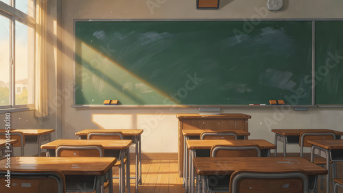 A serene empty classroom with sunlight streaming through the windows, soft animation illustration
