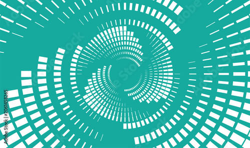 Modern vector background with abstract white geometric square segments forming dynamic radial vortex spiral. Creative tech pattern on vibrant turquoise backdrop design.