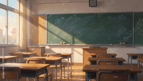 A serene empty classroom with sunlight streaming through the windows, soft animation illustration
