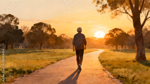 Watercolor digital illustration of an elderly man walking down a path in a park during a peaceful, golden sunset.