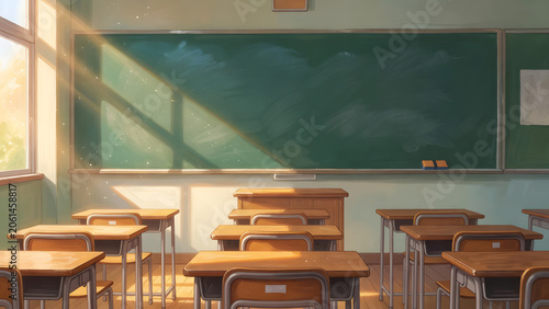 A serene empty classroom with sunlight streaming through the windows, soft animation illustration
