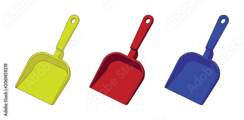 Obraz na plátně Three Colorful Dustpans: A set of three vibrantly colored dustpans – yellow, red, and blue – arranged neatly, ready for cleaning tasks or to add a pop of color to a household