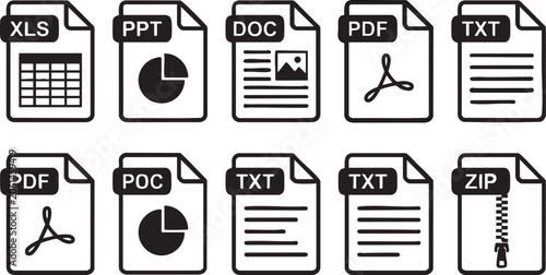 Quadro su tela Vector file icons set including PDF, DOC, PPT, XLS, TXT and ZIP in black and white, illustrating various document formats and file types