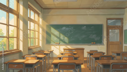 A serene empty classroom with sunlight streaming through the windows, soft animation illustration