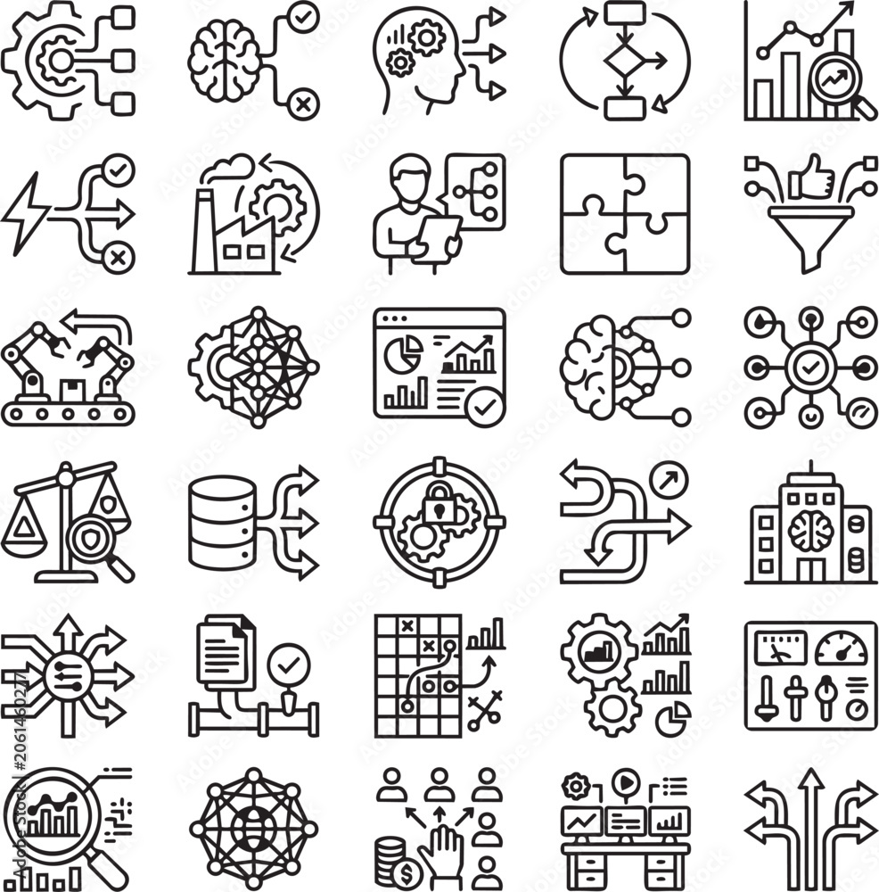 Fototapeta premium Autonomous Decision Engine Line Icons Set for AI Decision Intelligence, Enterprise Automation and Smart Operations