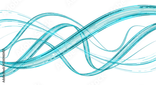 Cyan and teal ribbons flow elegantly, twisting in fluid arcs like digital currents. Each line pulses with luminous motion