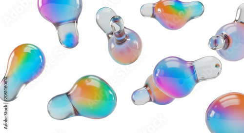 Collection of iridescent blob shapes with a smooth gradient texture and organic forms. Each element looks like a floating holographic gel