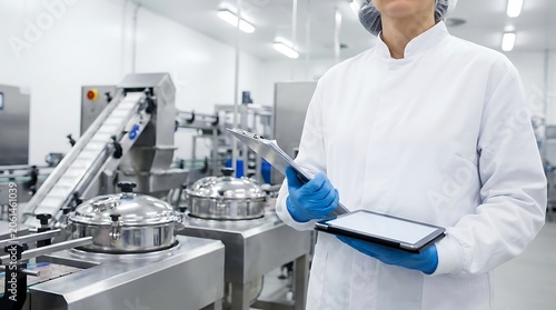 Food production worker in clean room holding clipboard and tablet