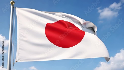 Japanese national flag waving on pole against blue sky with clouds symbol of Japan heritage state