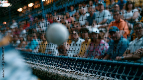 Jai alai pelota impacts the granite fronton wall at full velocity and deflects toward a player in a blur visible in the foreground as spectators in tiered seating focus intently on the trajectory fr
