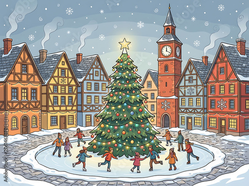 Winter town square ice skating around Christmas tree illustration