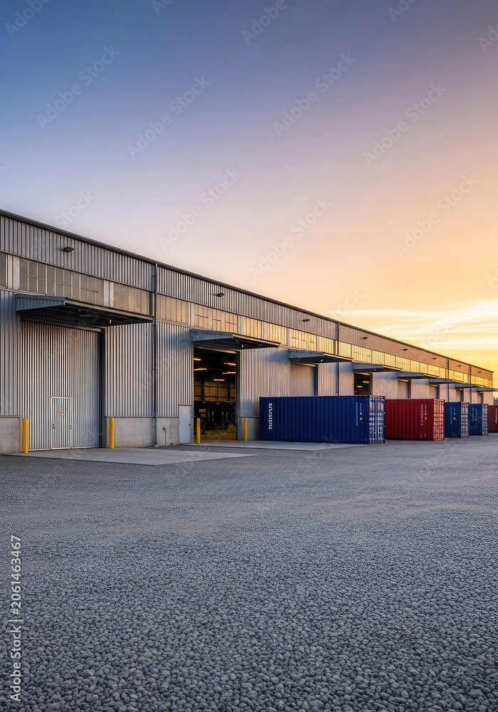 Fototapeta premium A massive industrial warehouse features expansive metal bay doors and secondary storage containers arranged along the exterior gravel lot, concrete, commercial, real estate