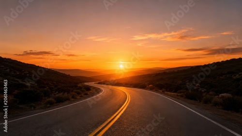 Winding Desert Road Leading Towards a Vibrant Sunset