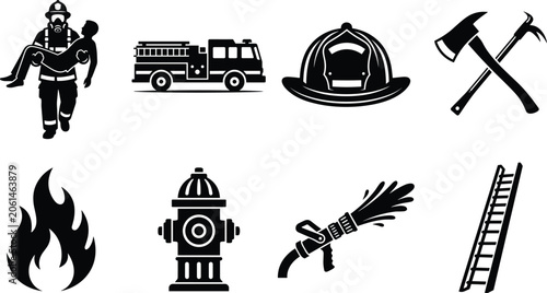 Firefighting silhouette icons with firefighter rescue, fire truck, helmet, hydrant, hose, ladder, and flame symbol