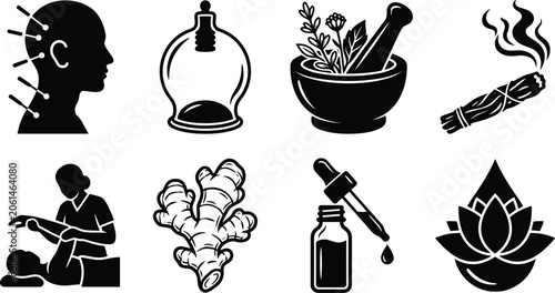 Foto Holistic medicine silhouette icons with acupuncture, cupping, herbs, massage, es