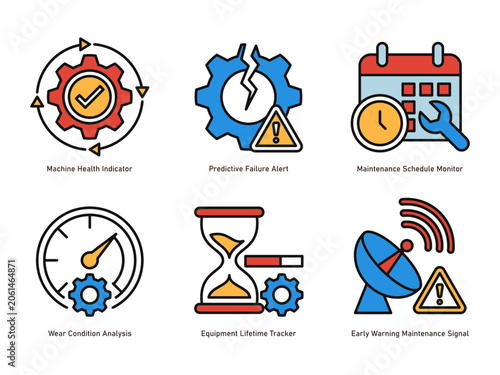 Predictive maintenance icons symbolize machine health, failure schedules, wear conditions, and signals, perfect for maintenance and engineering concepts.