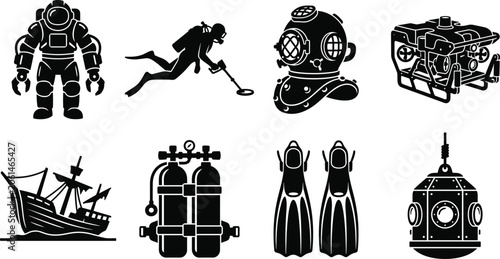 Photos Underwater exploration silhouette icons with scuba diver, diving suit, vintage h
