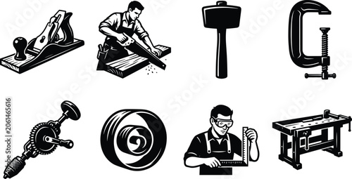 Fotografía Woodworking and carpentry silhouette icons with hand plane, saw, mallet, clamp,