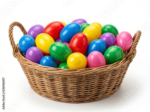 Wicker basket filled with colorful plastic Easter eggs isolated on white background