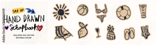 Set of Summer Scrapbook stickers Vector, for Journal, Collage, Cut Out, Junk Journal Theme, Tropical Beach on Sunset Island, palm tree, Sun Screen, and Mode